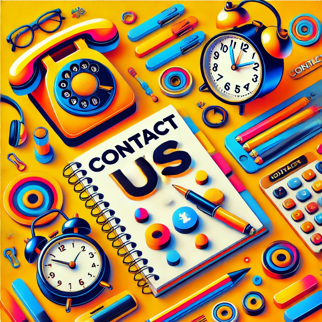 DALL·E 2024-09-04 18.01.34 - A vibrant and colorful flat-lay style image for the 'Contact' section of a website. The scene includes bold elements like a phone, an email icon, a no