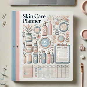 Skin Care Planner'. The image should feature symbols of skincare such as lotions, creams, serums, and or