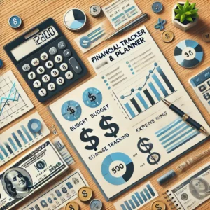 Financial Tracker & Planner'. The image should feature symbols of financial organization, such as a calc