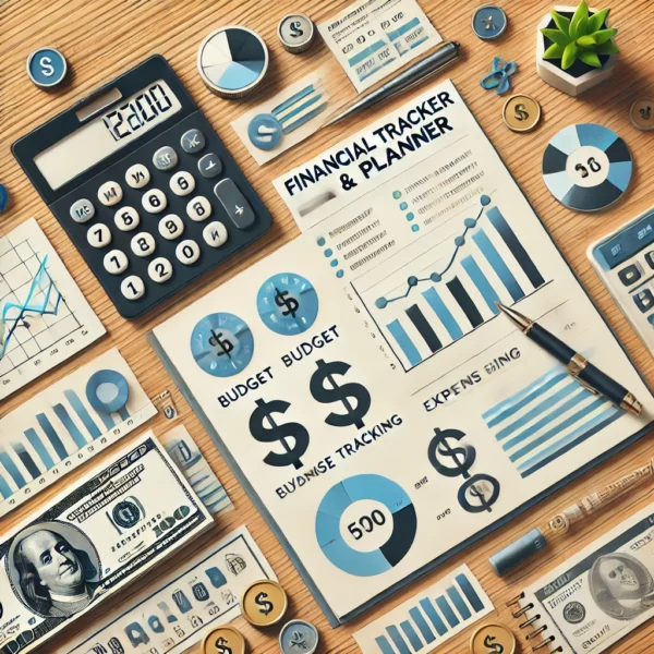 Financial Tracker & Planner'. The image should feature symbols of financial organization, such as a calc
