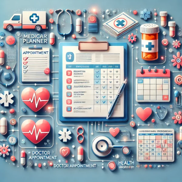 Medical Planner'. The image should feature symbols of healthcare organization, such as medication logs,