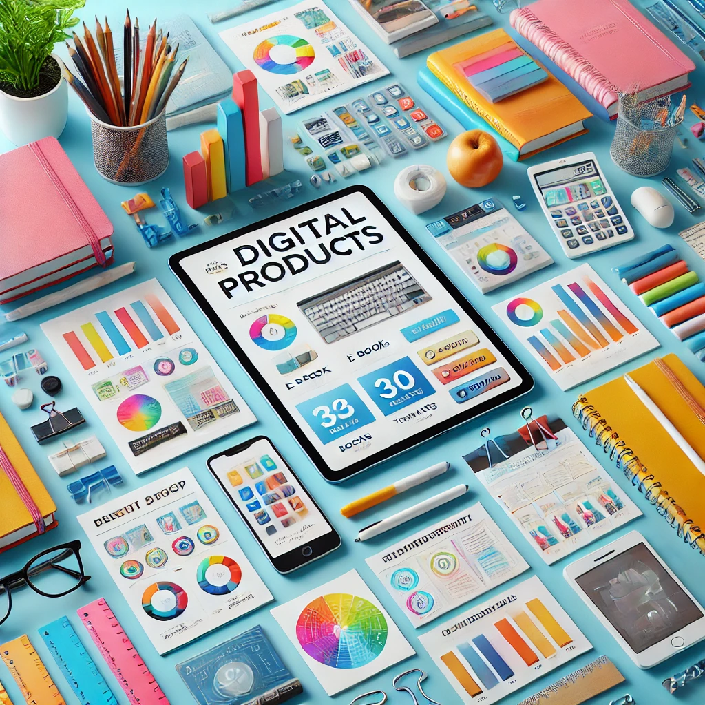 DALL·E 2024-09-12 12.23.00 - A vibrant, professional image featuring a workspace focused on digital products, such as e-books, templates, and planners, laid out with a tablet, col