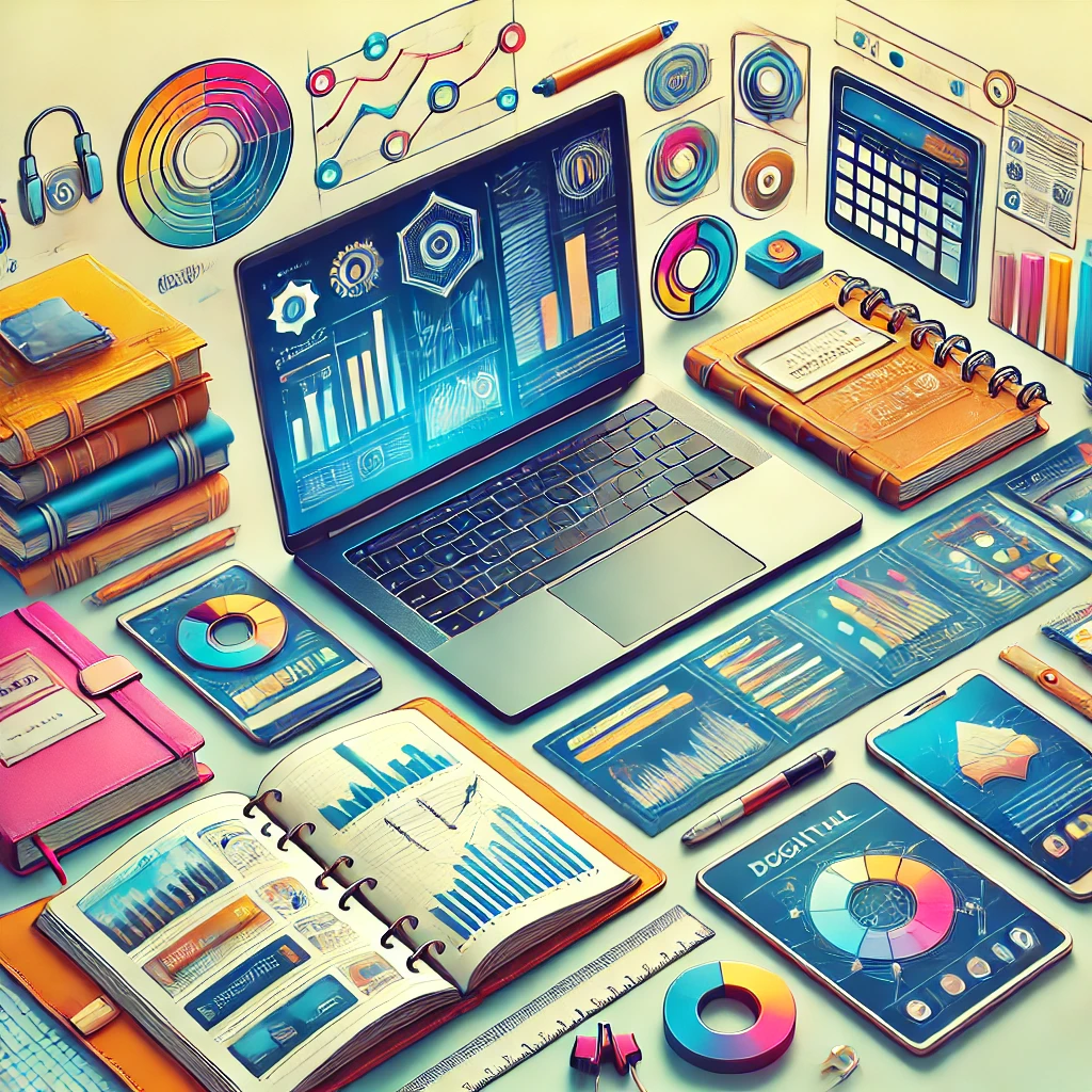 DALL·E 2024-09-12 12.24.15 - A vibrant, professional image showing a digital workspace filled with e-books, planners, and templates on a desk with a sleek laptop screen. The scene