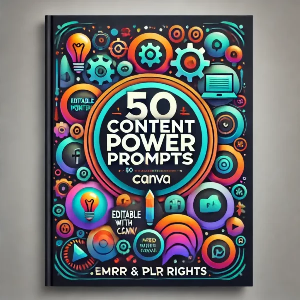 A modern and visually striking digital eBook cover for '50 Content Power Prompts.' The design features a vibrant, creative color palette with gradient